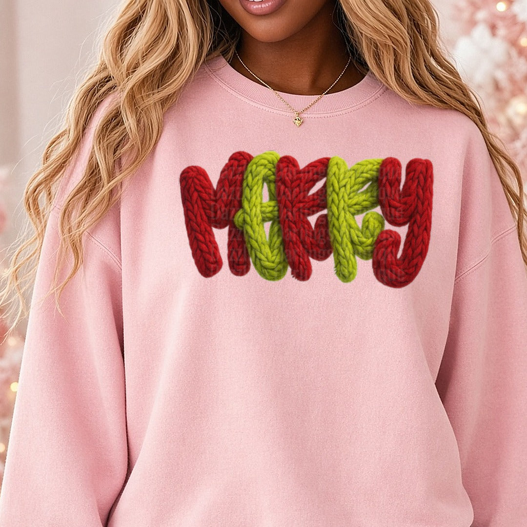 Merry Faux Yarn (1) DTF transfer shown on a Comfort Colors sweatshirt