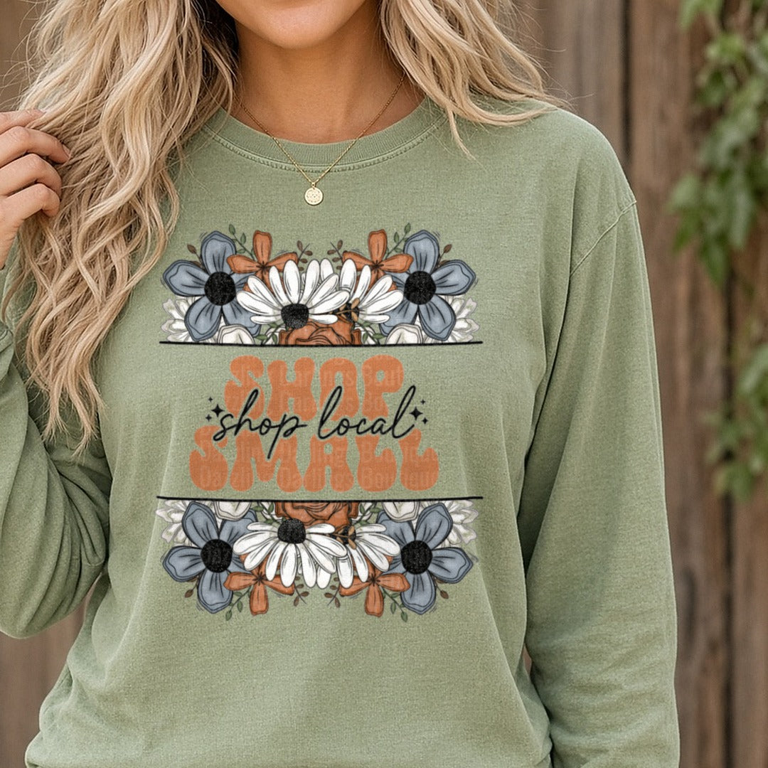 Shop Small 2 DTF transfer shown on a Comfort Colors long sleeve tee