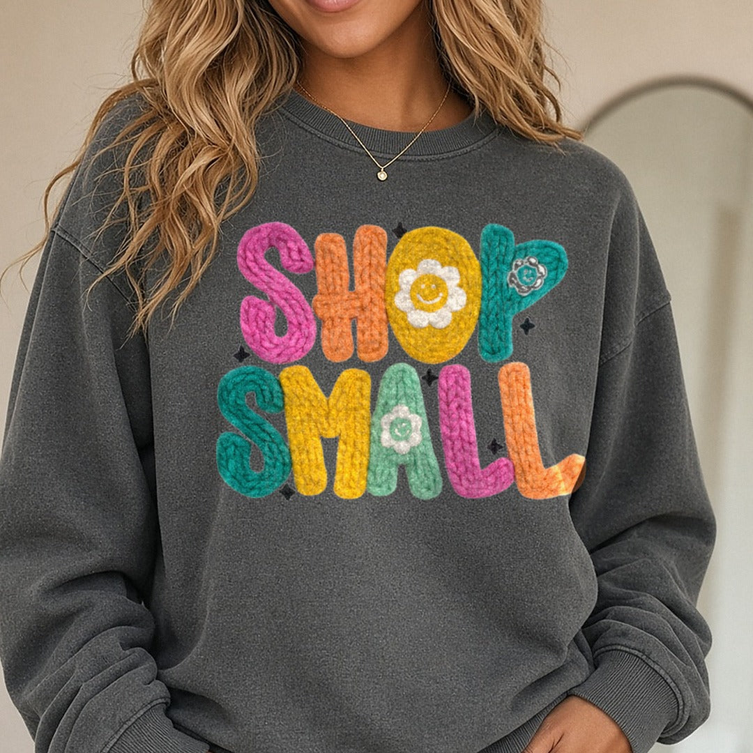 Shop Small Faux Yarn DTF transfer shown on a Comfort Colors sweatshirt