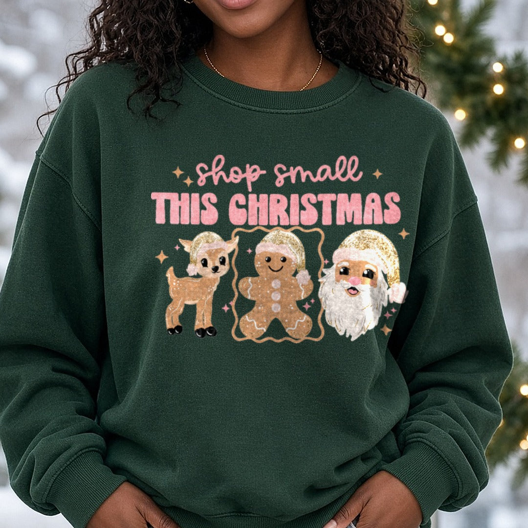 Shop Small This Christmas Lighter Skin Tone DTF transfer shown on a Comfort Colors sweatshirt