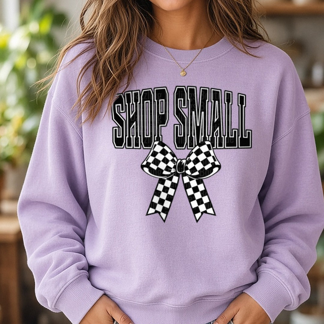 Shop Small Checkered Bow DTF transfer shown on a Comfort Colors sweatshirt