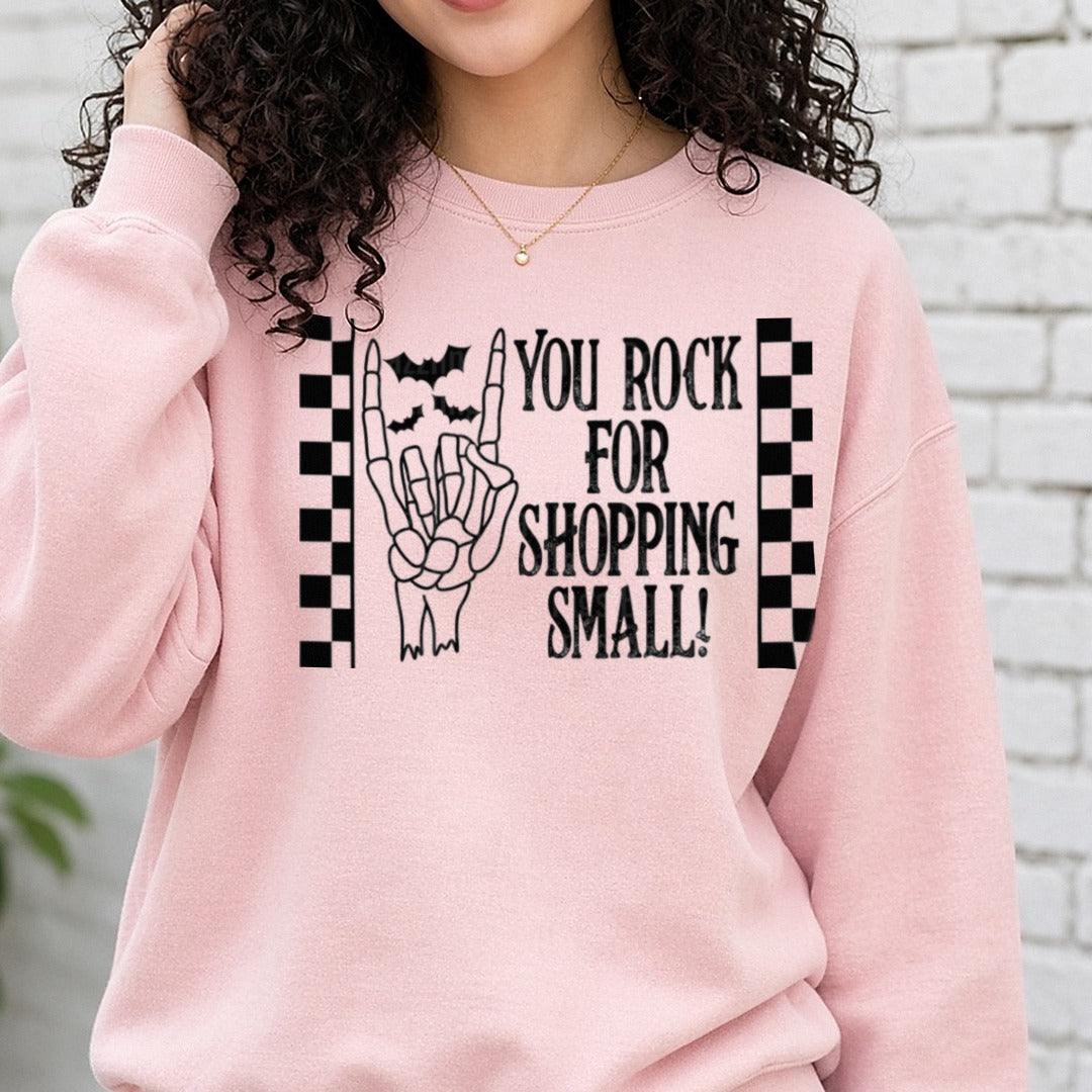 You Rock For Shopping Small Thermal DTF transfer shown on a Comfort Colors sweatshirt