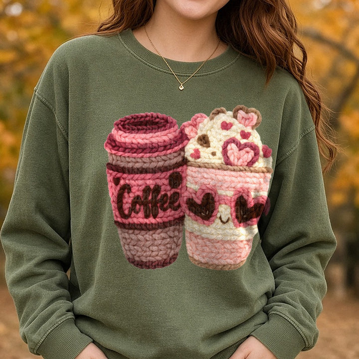 Coffee Valentines Faux Yarn DTF transfer shown on a Comfort Colors sweatshirt
