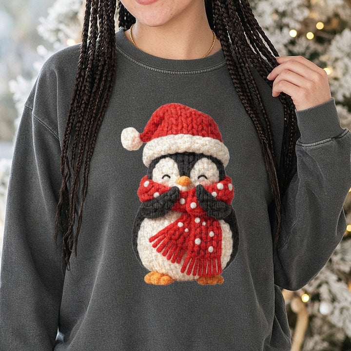 Penguin Winter Faux Yarn DTF transfer shown on a Comfort Colors sweatshirt