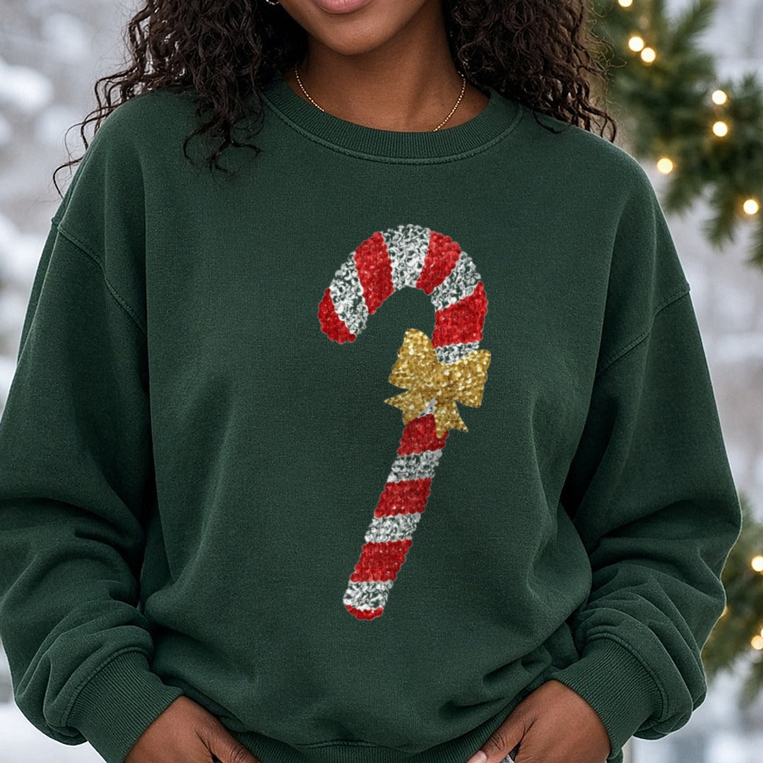 Sequin Candy Cane DTF transfer shown on a Comfort Colors sweatshirt