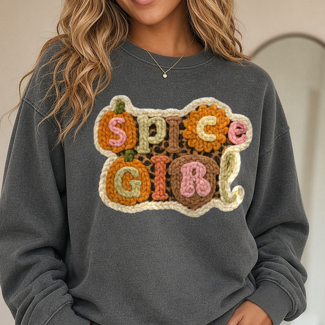Spice Girl Leopard Yarn (1) DTF transfer shown on a Comfort Colors sweatshirt