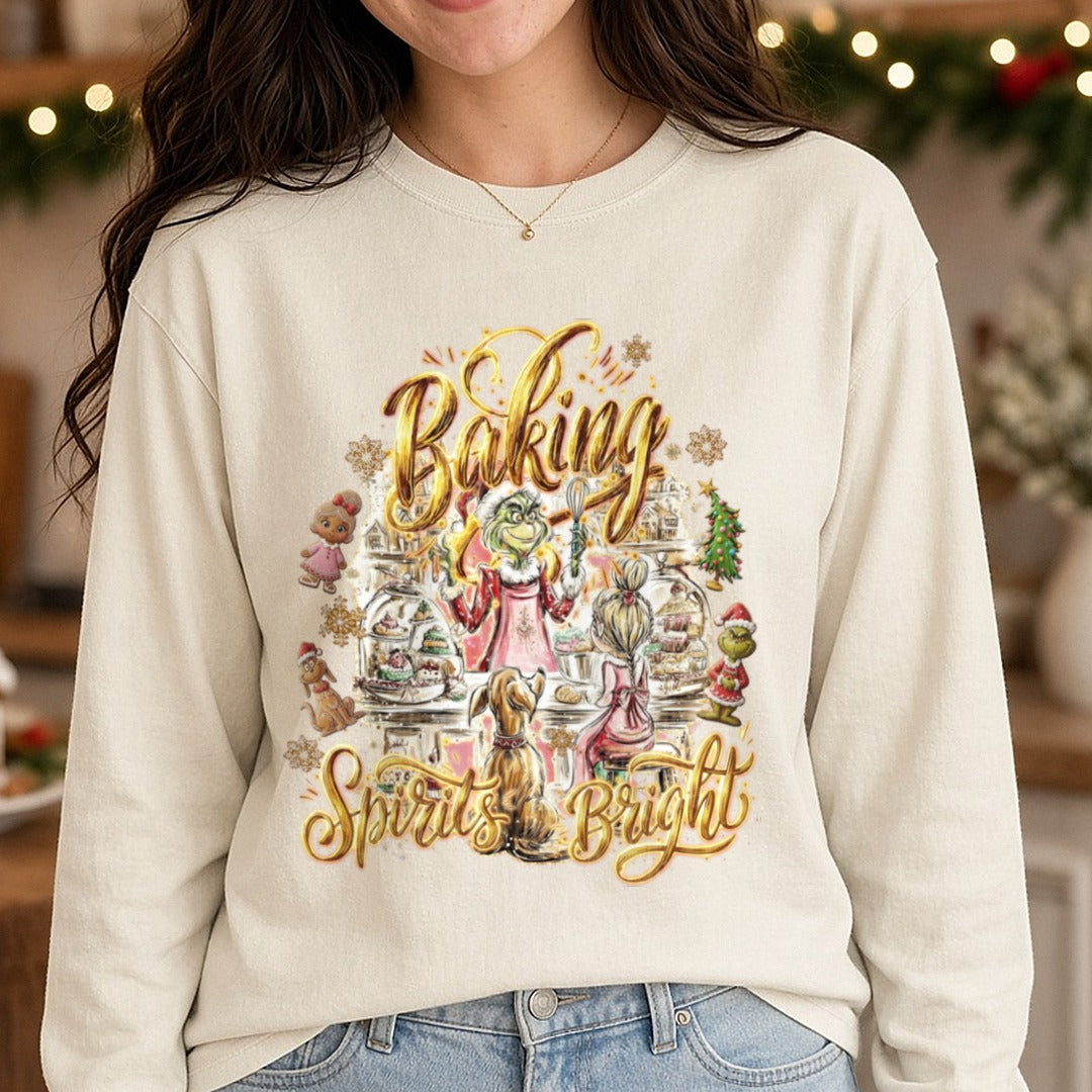 Baking spirits DTF transfer shown on a Comfort Colors long sleeve tee