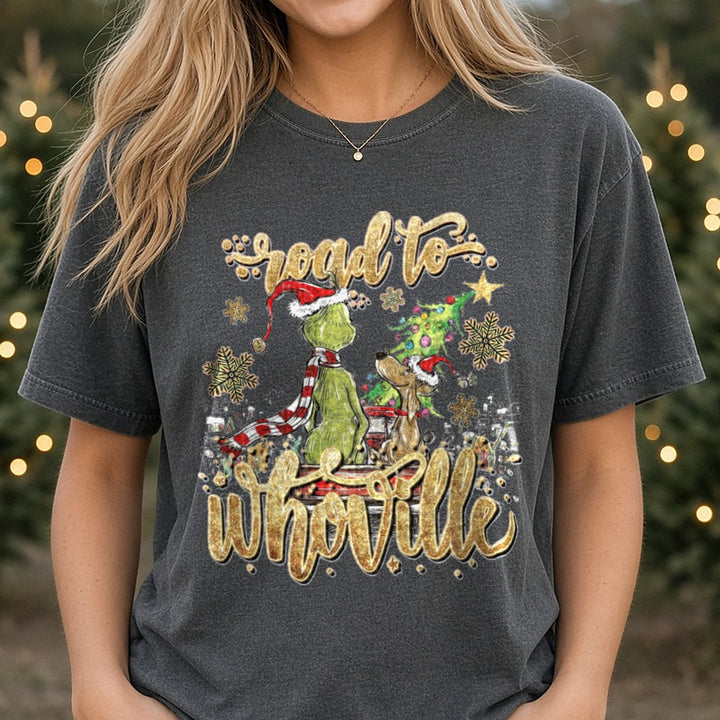 Road to whoville DTF transfer shown on a Comfort Colors tee