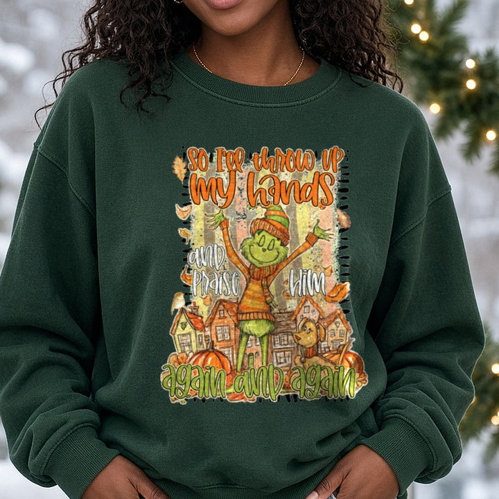Praise him DTF transfer shown on a Comfort Colors sweatshirt