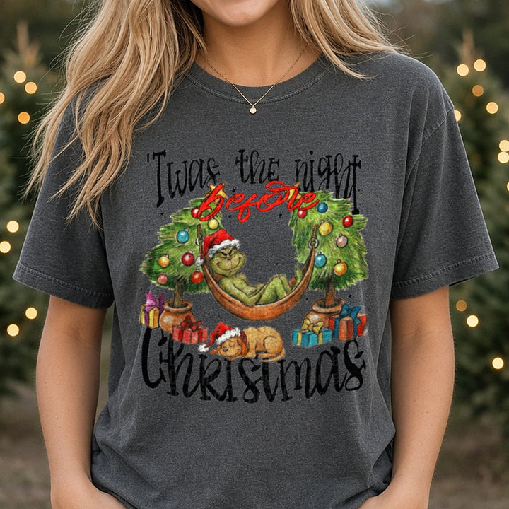 ‘Twas the night DTF transfer shown on a Comfort Colors tee