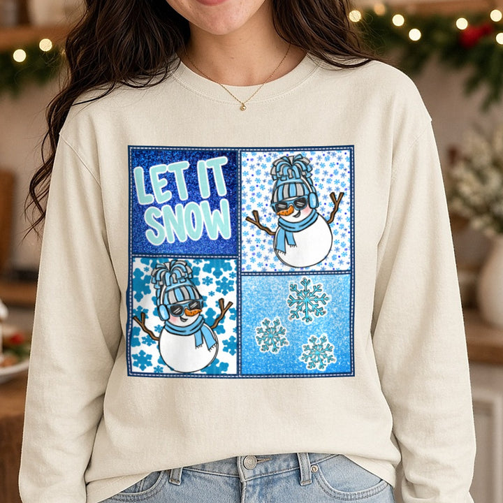 Let It Snow Blue Snowman Frames Glitter DTF transfer shown on a Comfort Colors long sleeve tee