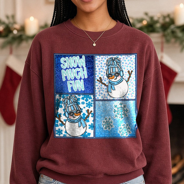 Snow Much Fun DTF transfer shown on a Comfort Colors sweatshirt