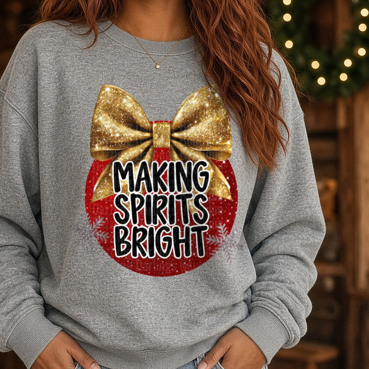 Making Spirits Bright Gold DTF transfer shown on a Comfort Colors sweatshirt