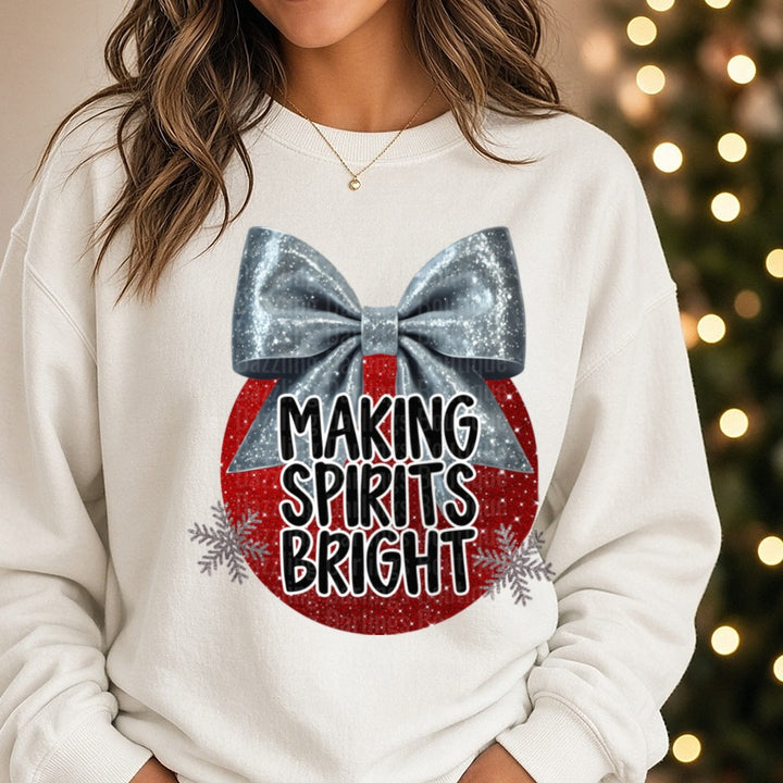 Silver Making Spirits Bright DTF transfer shown on a Comfort Colors sweatshirt
