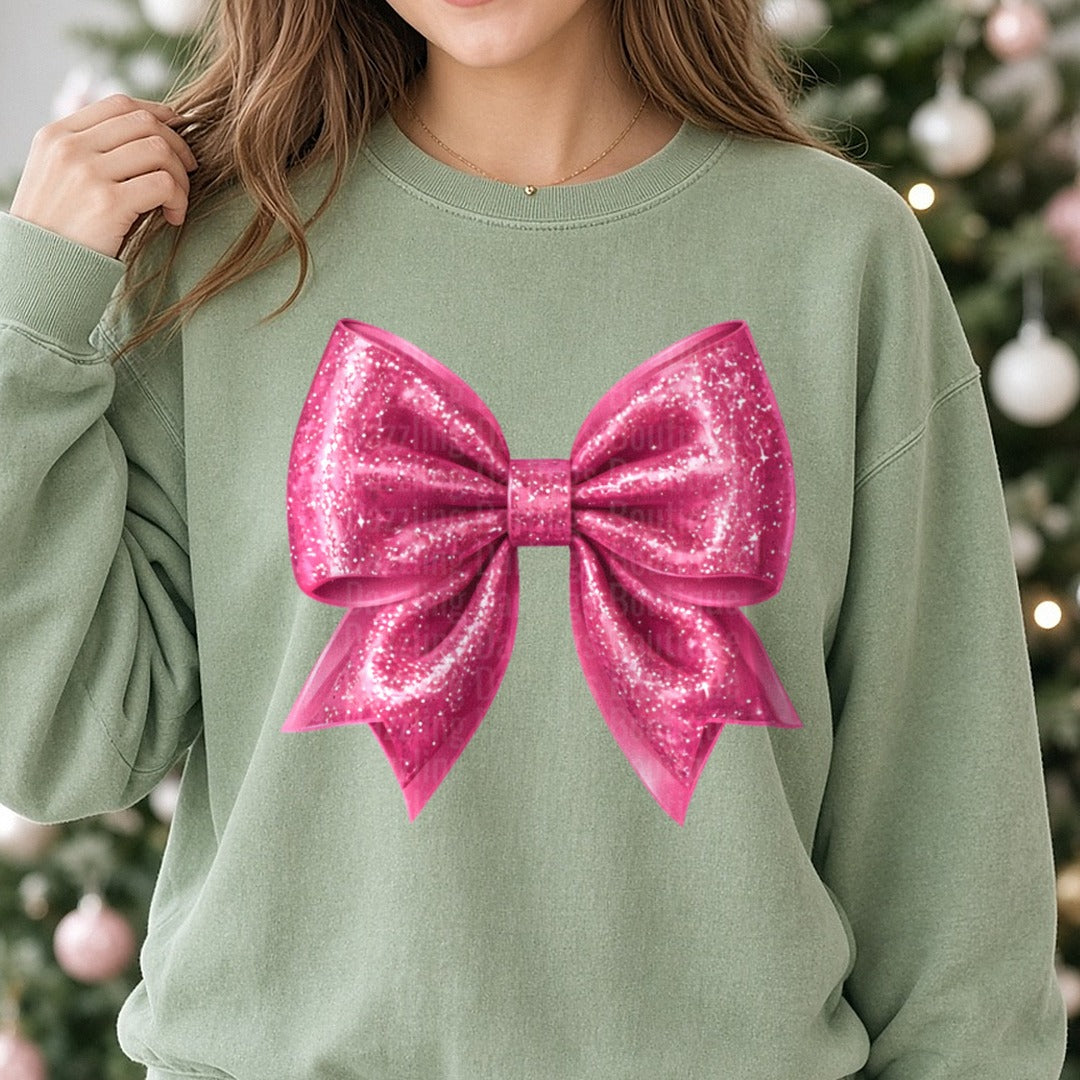Pink Bow DTF transfer shown on a Comfort Colors sweatshirt