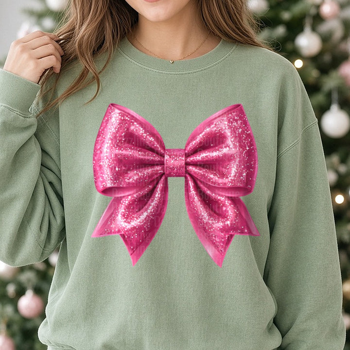 Pink Bow DTF transfer shown on a Comfort Colors sweatshirt