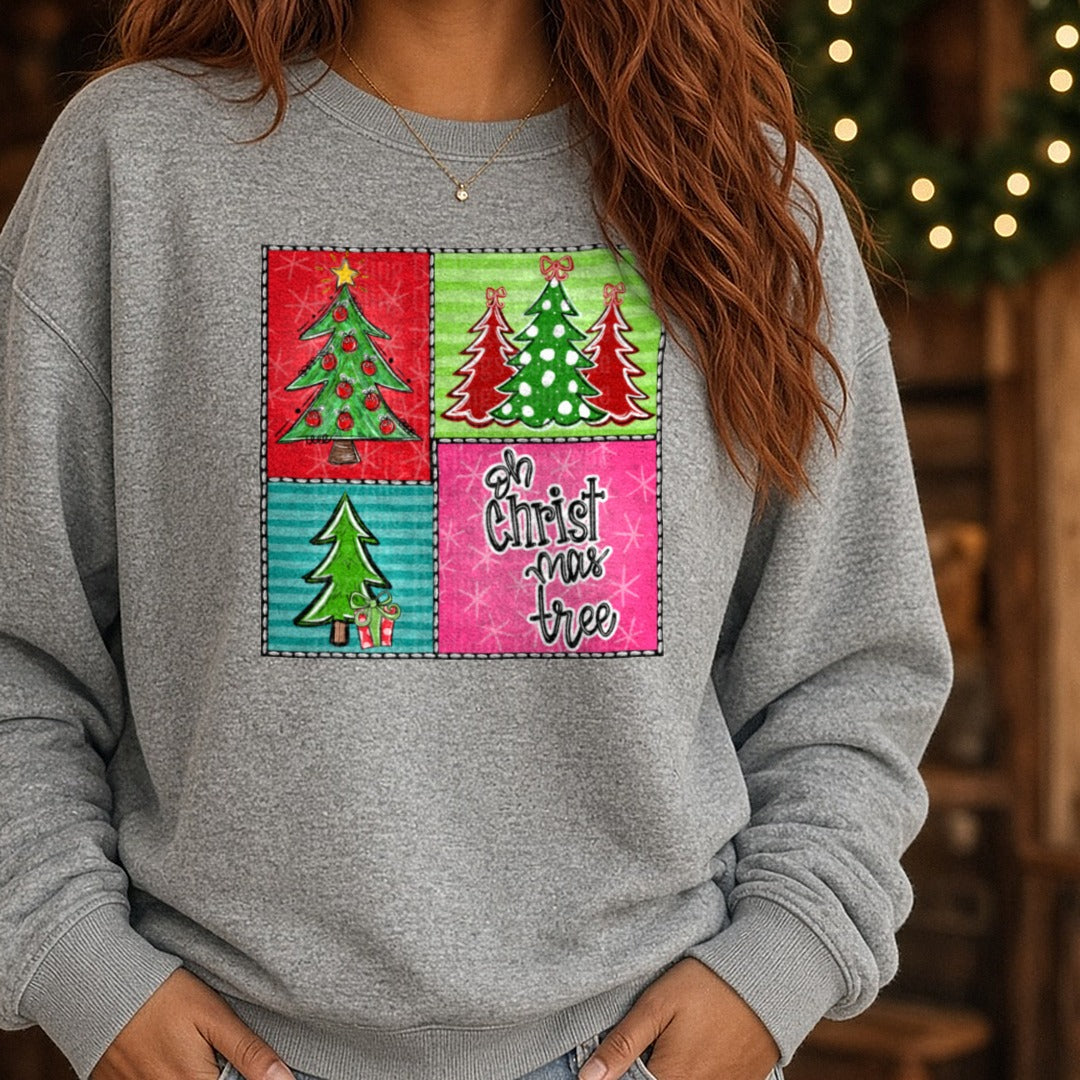 Oh Christmas Tree Square DTF transfer shown on a Comfort Colors sweatshirt