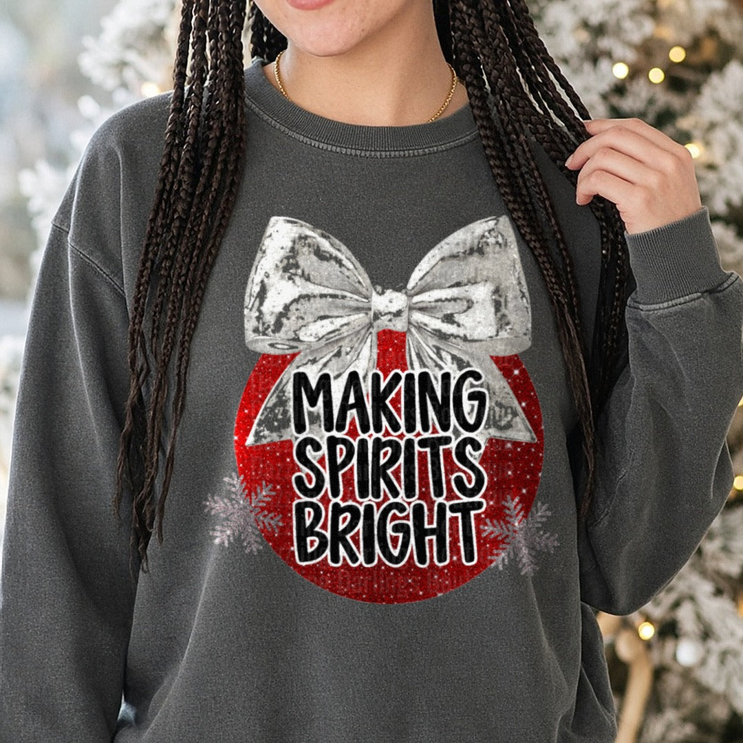 Cream Making Spirits Bright DTF transfer shown on a Comfort Colors sweatshirt