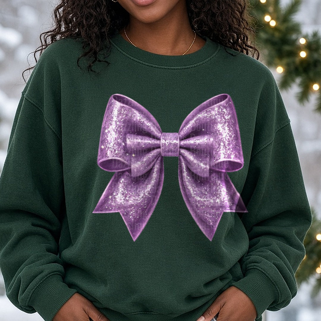 Lilac Bow DTF transfer shown on a Comfort Colors sweatshirt