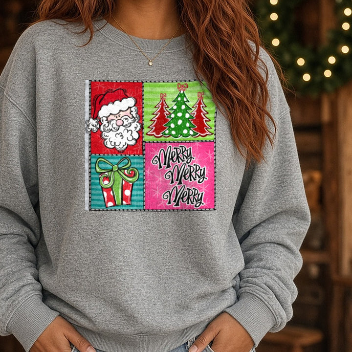 Merry Square 1 DTF transfer shown on a Comfort Colors sweatshirt