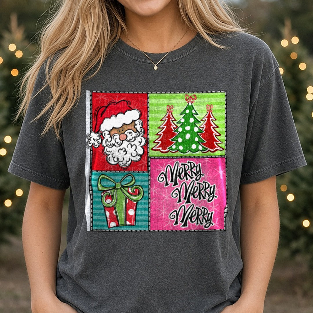 Merry Square 2 DTF transfer shown on a Comfort Colors tee
