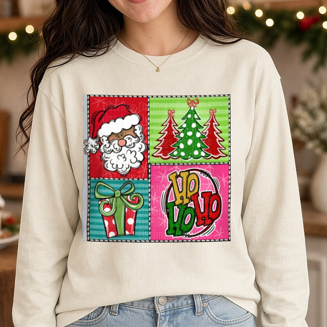 Ho Ho Square 2 DTF transfer shown on a Comfort Colors long sleeve tee