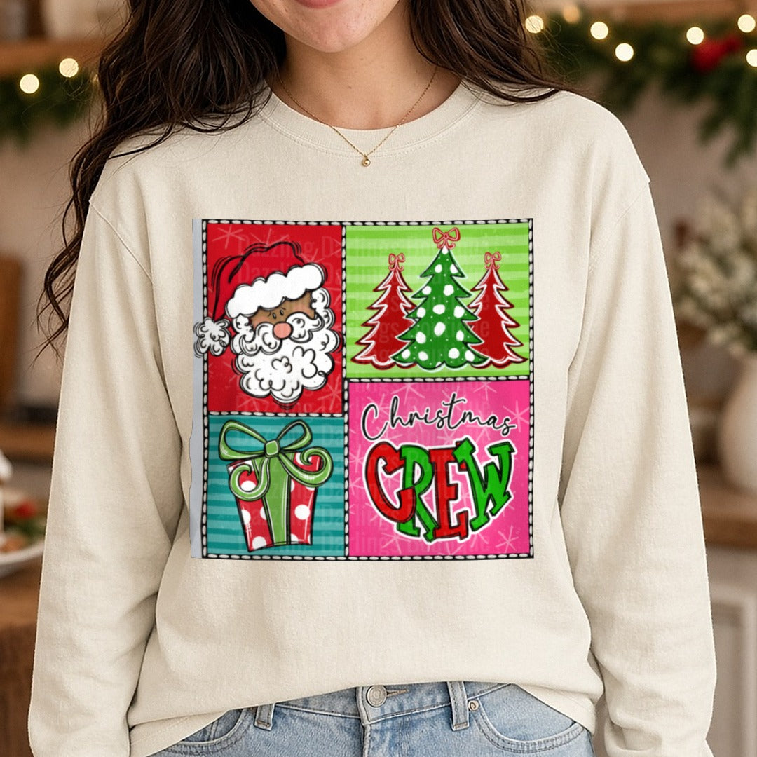 Christmas Crew Square 2 DTF transfer shown on a Comfort Colors long sleeve tee