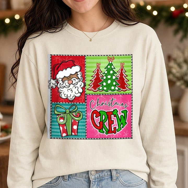 Christmas Crew Square 2 DTF transfer shown on a Comfort Colors long sleeve tee