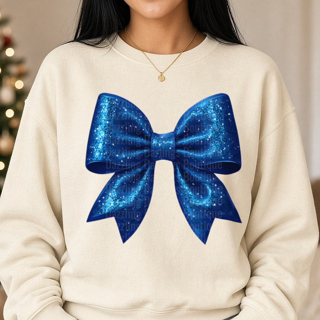 Blue Bow DTF transfer shown on a Comfort Colors sweatshirt