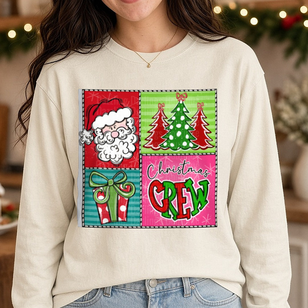 Christmas Crew Square 1 DTF transfer shown on a Comfort Colors long sleeve tee
