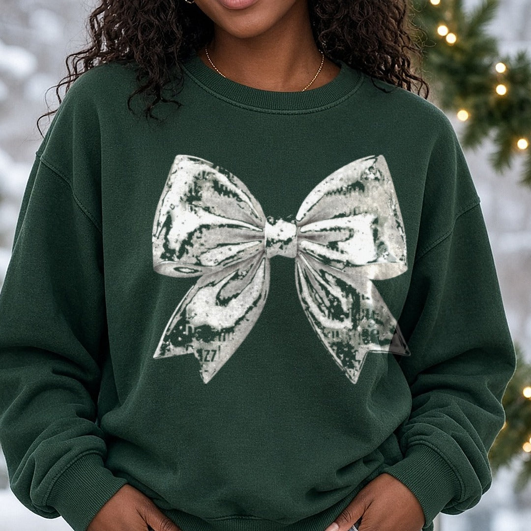Cream Bow DTF transfer shown on a Comfort Colors sweatshirt
