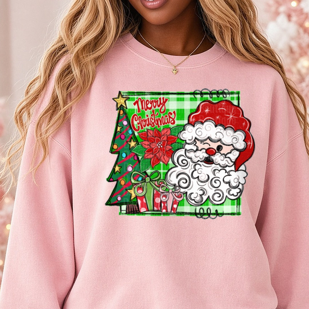 Merry Christmas Square Santa 1 DTF transfer shown on a Comfort Colors sweatshirt