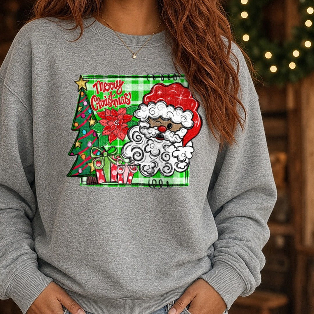 Merry Christmas Square Santa 2 DTF transfer shown on a Comfort Colors sweatshirt