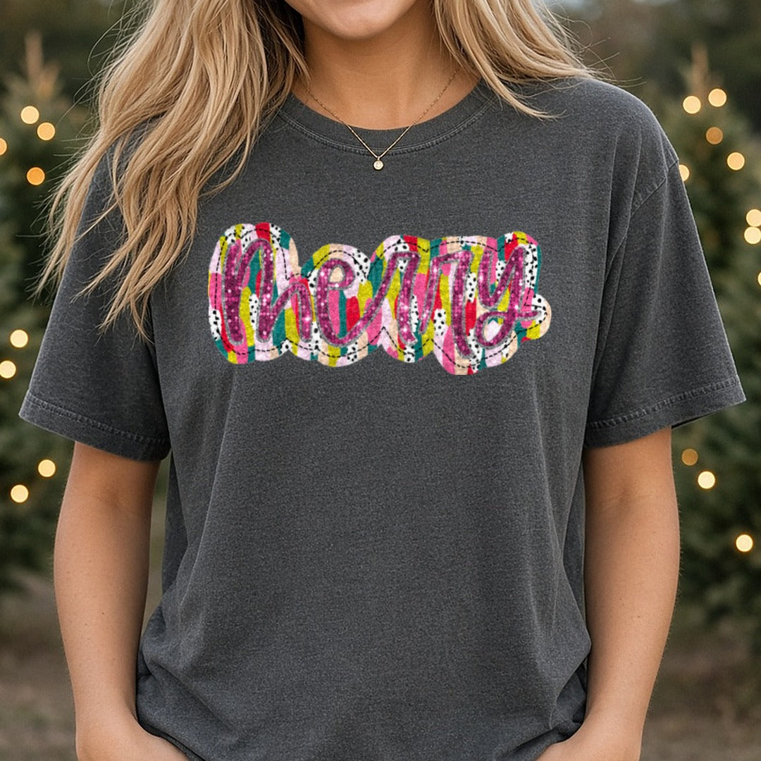 Merry DTF transfer shown on a Comfort Colors tee
