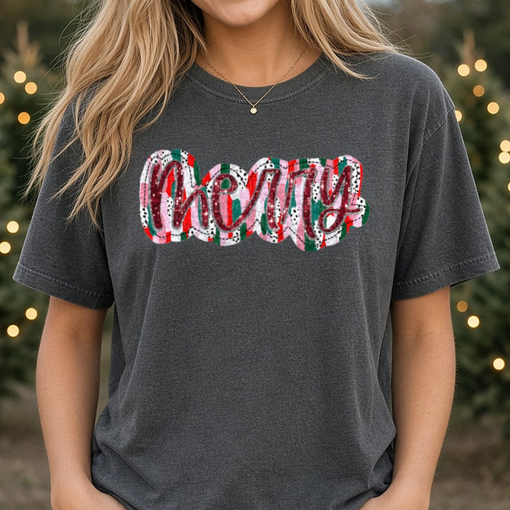 Merry 2 DTF transfer shown on a Comfort Colors tee