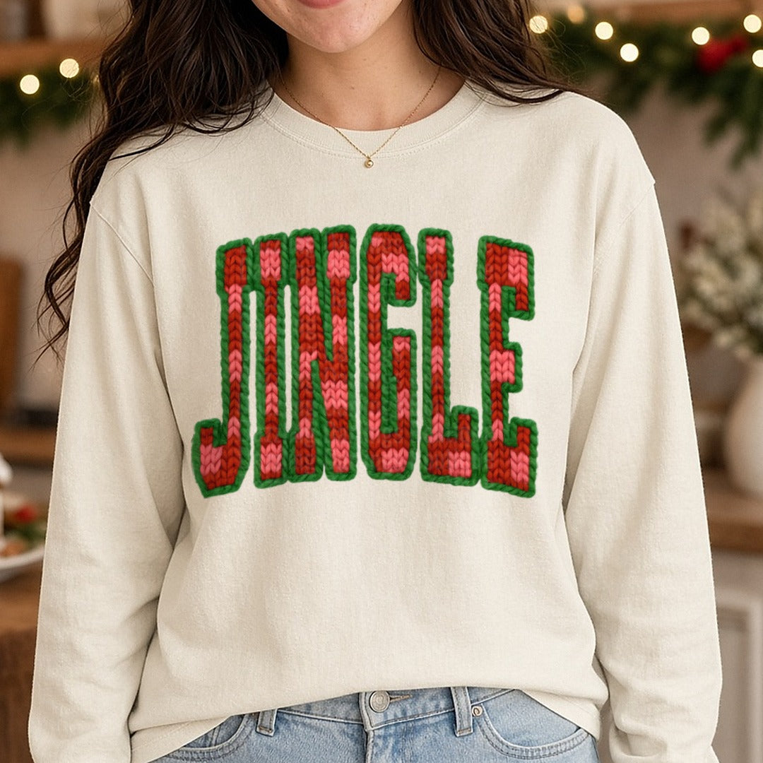 Jingle Checkered Faux Yarn (1) DTF transfer shown on a Comfort Colors long sleeve tee