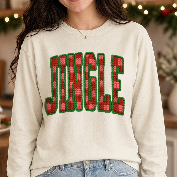 Jingle Checkered Faux Yarn (1) DTF transfer shown on a Comfort Colors long sleeve tee