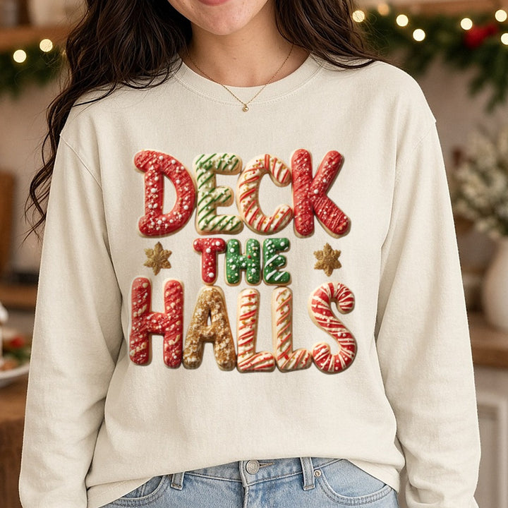 Deck the Halls Faux Cookie DTF transfer shown on a Comfort Colors long sleeve tee
