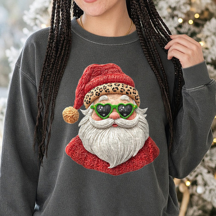 Santa Faux Detail Leopard Hat (1) DTF transfer shown on a Comfort Colors sweatshirt
