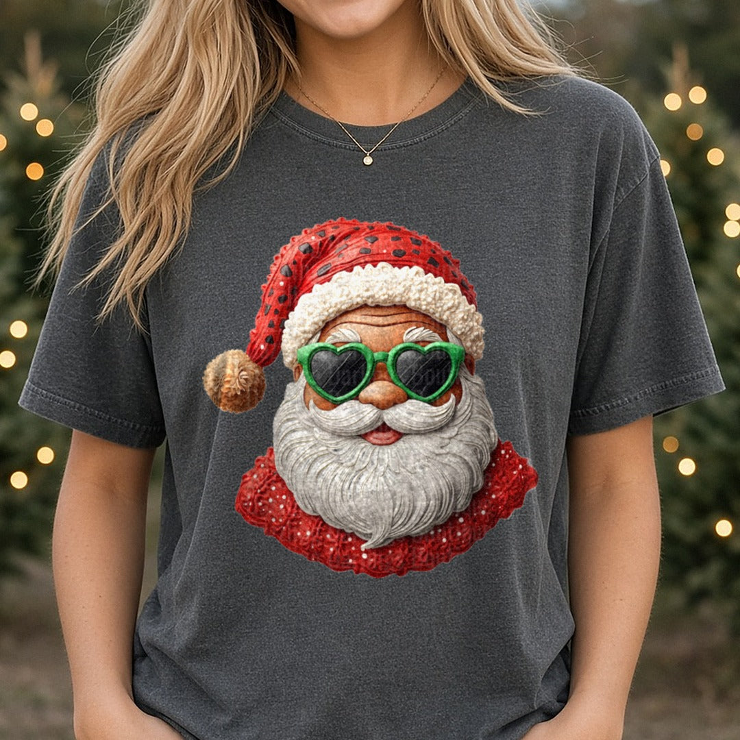 Santa Green Heart Glasses Faux Detailed (1) DTF transfer shown on a Comfort Colors tee