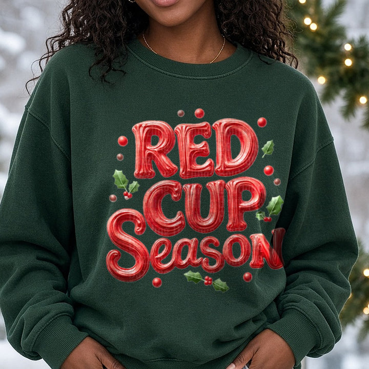 Red Cup Season (1) DTF transfer shown on a Comfort Colors sweatshirt