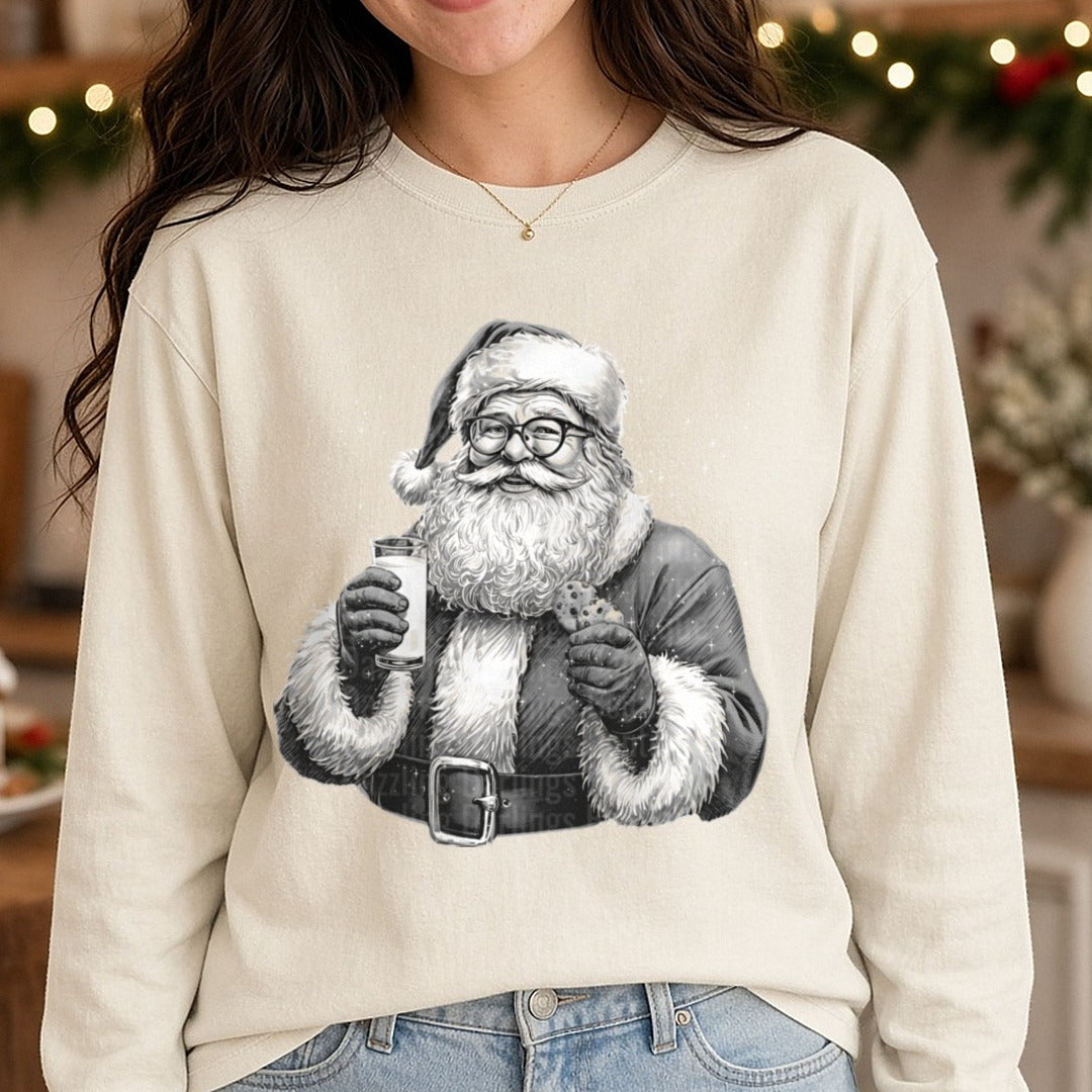 Santa Black and White Milk and Cookies DTF transfer shown on a Comfort Colors long sleeve tee
