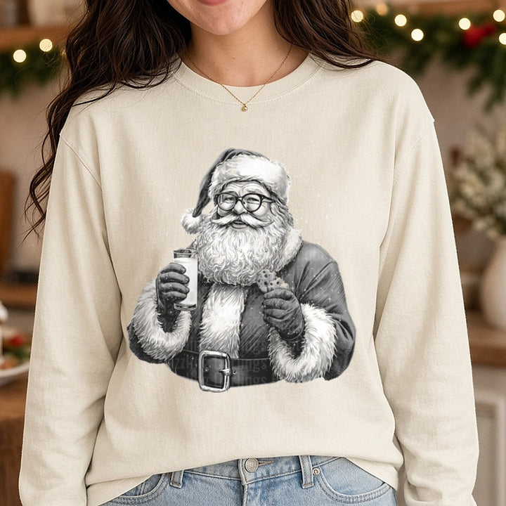 Santa Black and White Milk and Cookies DTF transfer shown on a Comfort Colors long sleeve tee