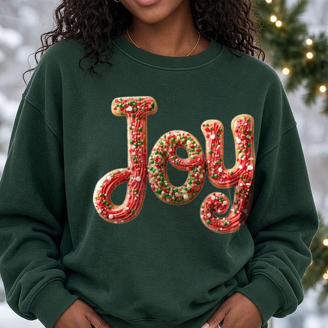 Joy Faux Cookie Detail (1) DTF transfer shown on a Comfort Colors sweatshirt