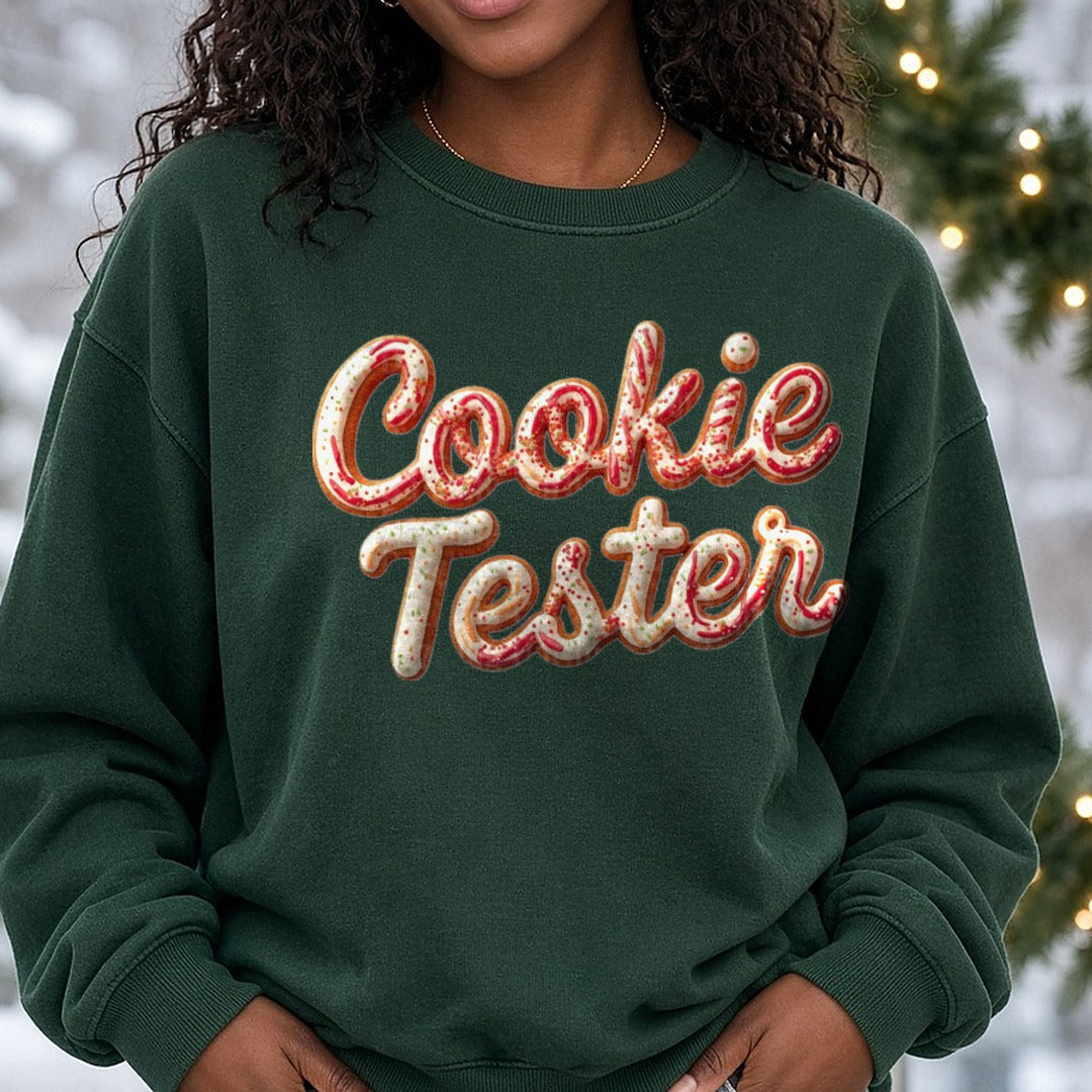 Cookie Tester (1) DTF transfer shown on a Comfort Colors sweatshirt