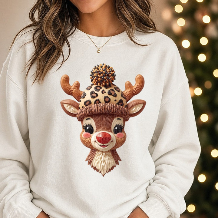 Reindeer Leopard Hat Faux Detail (1) DTF transfer shown on a Comfort Colors sweatshirt
