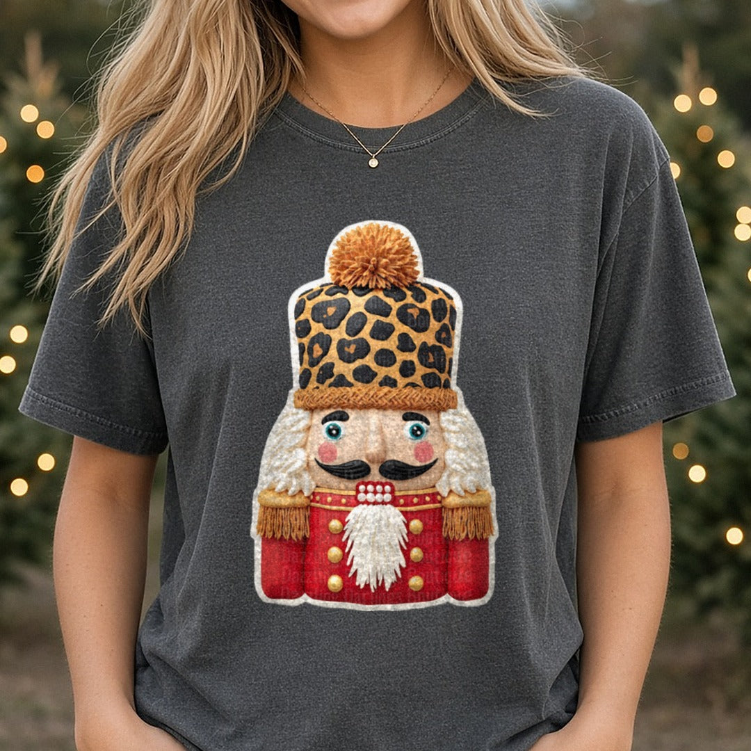 Nutcracker Leopard Hat Faux Detailed DTF transfer shown on a Comfort Colors tee
