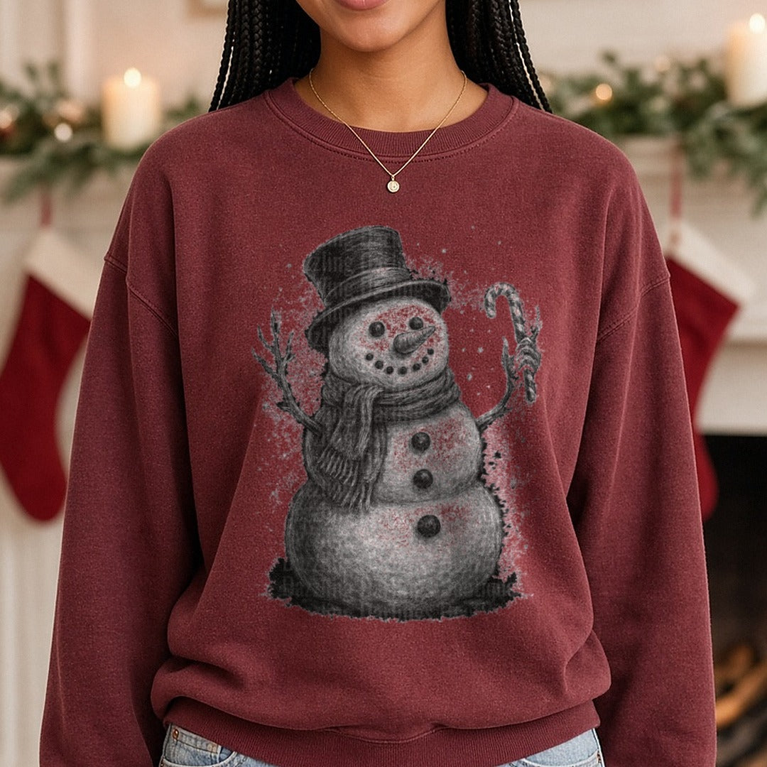 Half-tone Viral SNOWMAN DTF transfer shown on a Comfort Colors sweatshirt