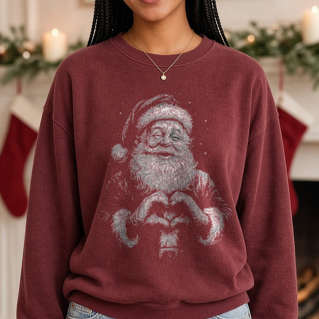 Half-tone Viral SANTA DTF transfer shown on a Comfort Colors sweatshirt