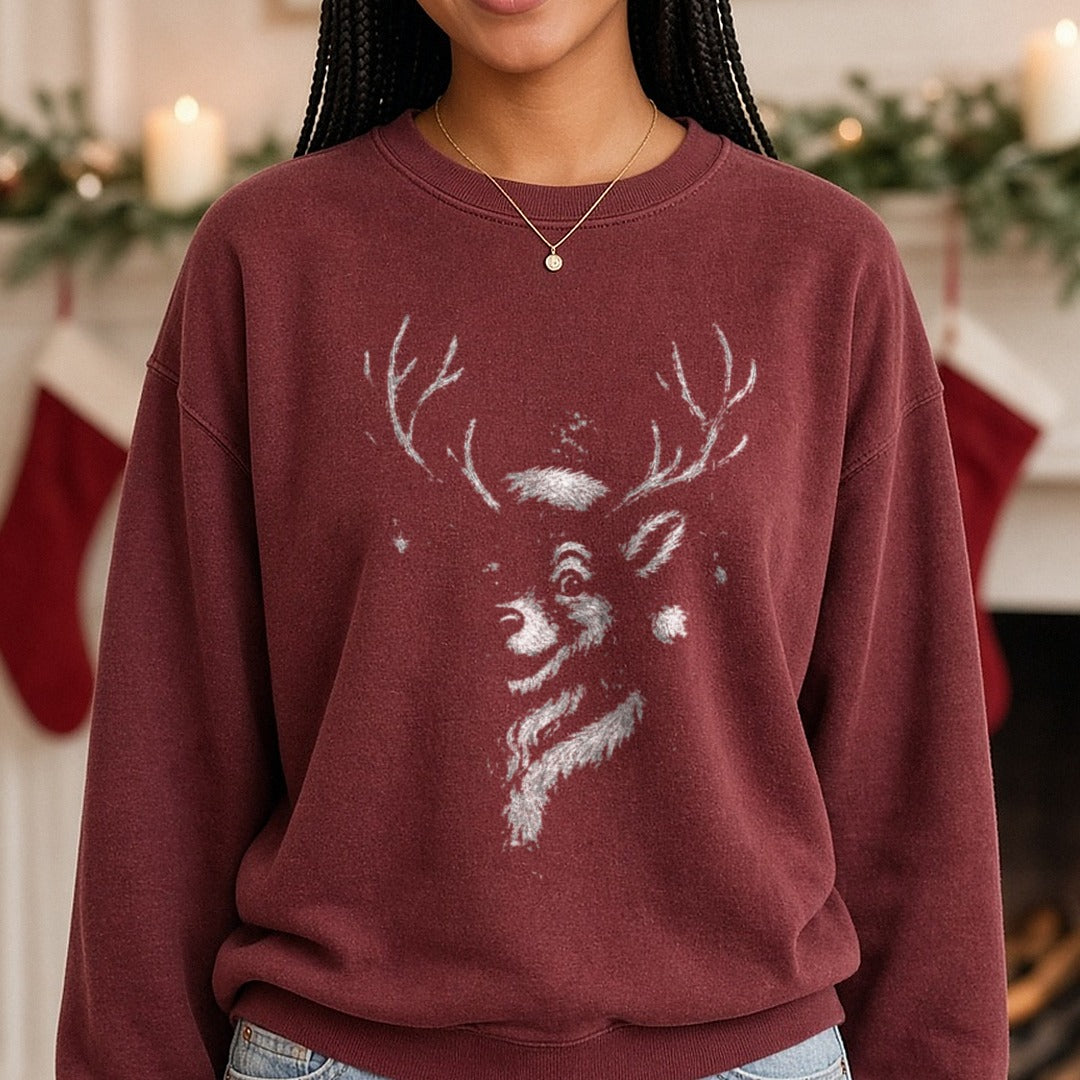Half-tone Viral REINDEER DTF transfer shown on a Comfort Colors sweatshirt